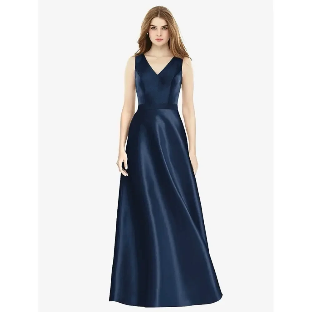 Alfred Sung Sleeveless A-Line Satin Dress w Pockets Midnight Blue Women’s 4 $231 - Picture 1 of 9